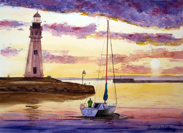Buffalo Light at Sunset 1, Watercolor 
Painting