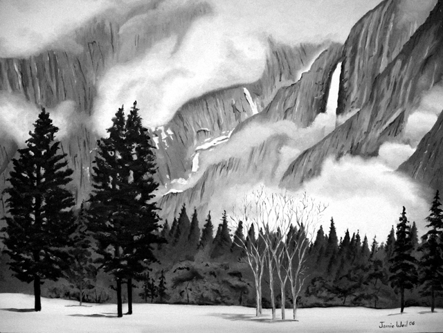 Yosemite Falls Black and 
White, Oil Painting